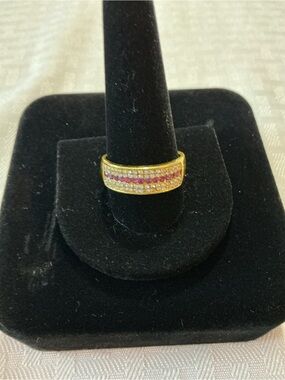 Pink Fuchsia Rhinestone Triple Row Yellow Gold Tone Ring